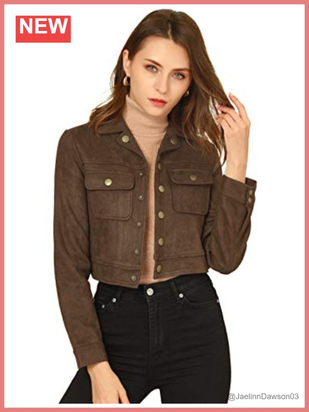 Faux Suede Cropped Jacket Button Down Snap Flap Pockets Casual Outerwear